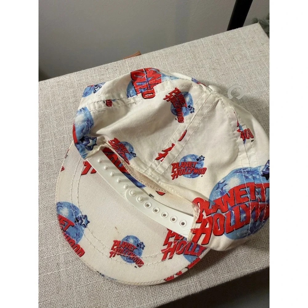 Vintage Planet Hollywood All Over Print Snapback Hat 90s Made in USA Cream Red